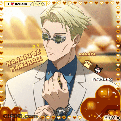 A Picture Of A Man With Sunglasses And The Words Nanami De Marshall On It GIF