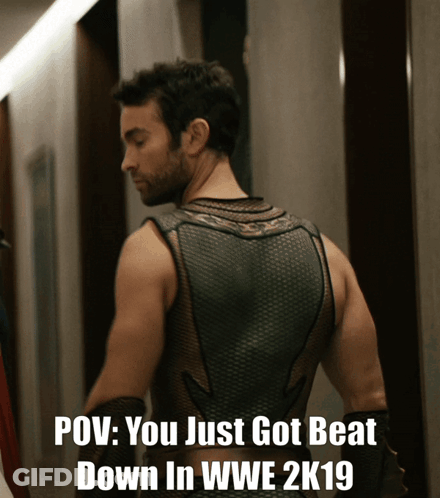 A Picture Of A Man With The Caption " Pov You Just Got Beat Down In Wwe 2K19 " GIF