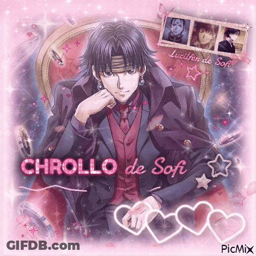 A Picture Of A Man With The Name Chrollo De Soft On The Bottom GIF