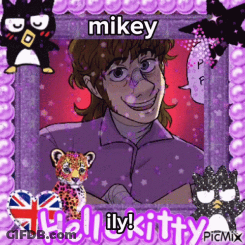 A Picture Of A Man With The Name Mikey On The Bottom GIF