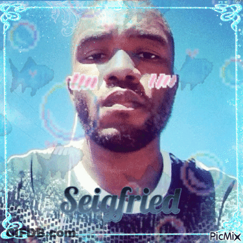 A Picture Of A Man With The Name Seigfried Written On It GIF