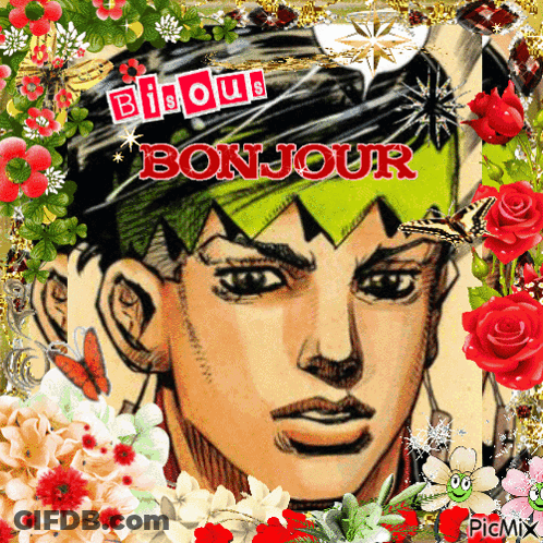 A Picture Of A Man With The Words Bijou Bonjour Written On It GIF