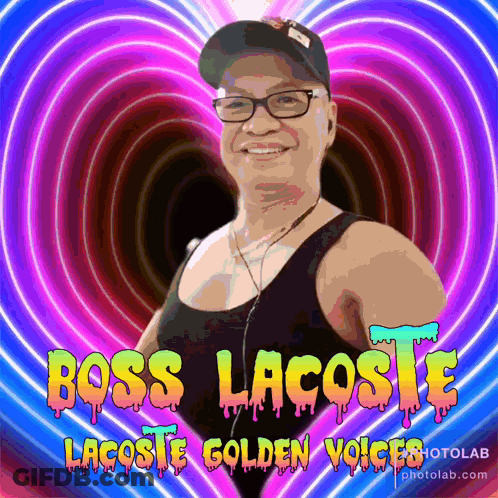 A Picture Of A Man With The Words Boss Lacoste Lacoste Golden Voice Behind Him GIF