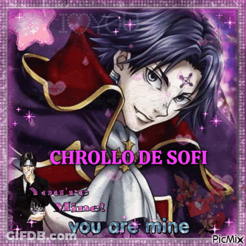 A Picture Of A Man With The Words Chrollo De Sofi On It GIF