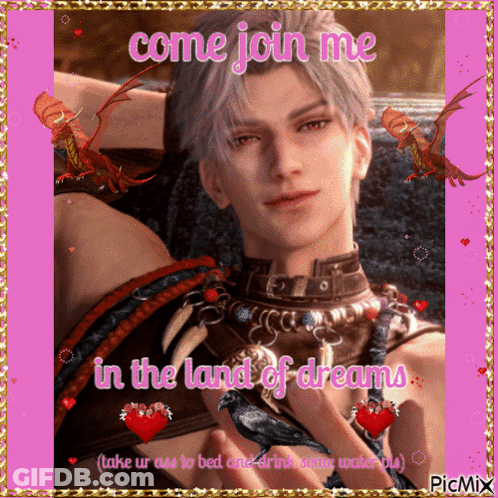 A Picture Of A Man With The Words Come Join Me In The Land Of Dreams Written On It GIF