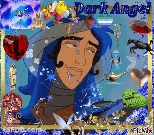 A Picture Of A Man With The Words Dark Angel Written On It GIF