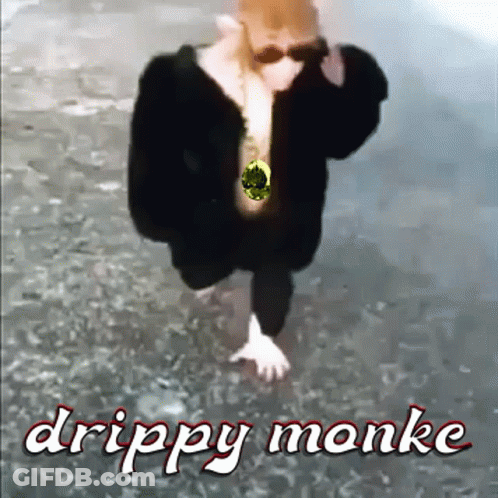 A Picture Of A Man With The Words Drippy Monke Written On It GIF