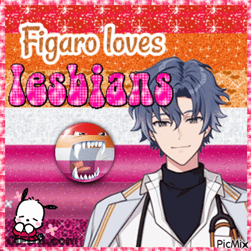 A Picture Of A Man With The Words Figaro Loves Lesbians Written On It GIF