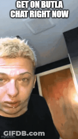 A Picture Of A Man With The Words Get On Butla Chat Right Now On The Bottom GIF