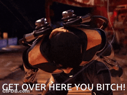 A Picture Of A Man With The Words Get Over Here You Bitch On It GIF