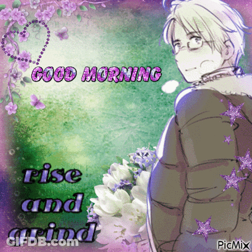 A Picture Of A Man With The Words Good Morning Rise And Grind Below Him GIF