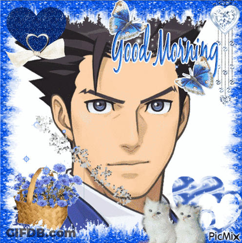 A Picture Of A Man With The Words Good Morning Written Above Him GIF