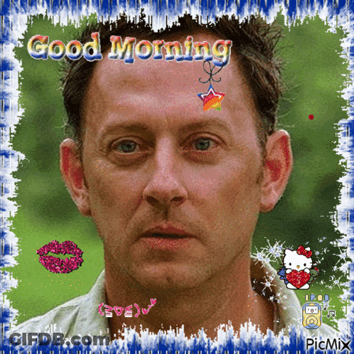 A Picture Of A Man With The Words " Good Morning " Written On It GIF