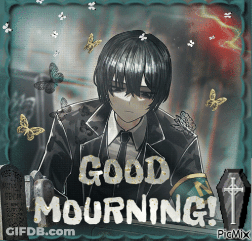 A Picture Of A Man With The Words Good Mourning Written On It GIF