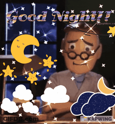 A Picture Of A Man With The Words Good Night Written Above Him GIF