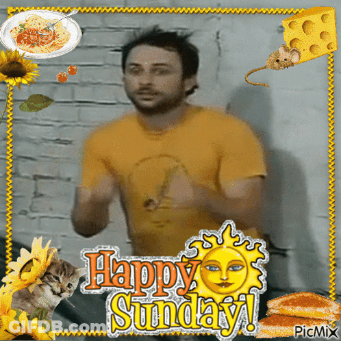 A Picture Of A Man With The Words Happy Sunday In The Corner GIF