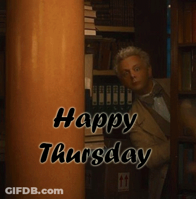 A Picture Of A Man With The Words Happy Thursday Written Above Him GIF