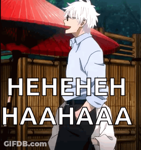 A Picture Of A Man With The Words ' Henehene Haahaaa ' On The Bottom Right GIF