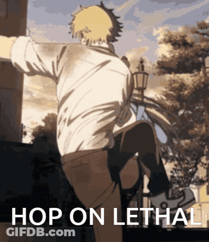 A Picture Of A Man With The Words Hop On Lethal Written Below Him GIF