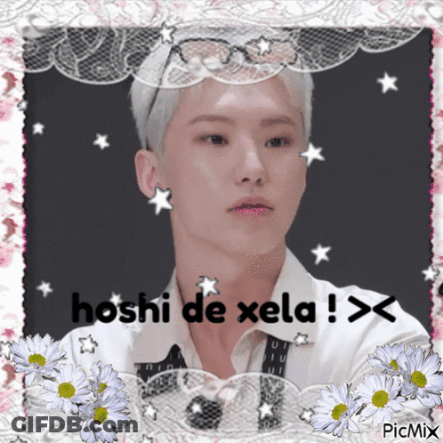 A Picture Of A Man With The Words Hoshi De Xela Written Above Him GIF