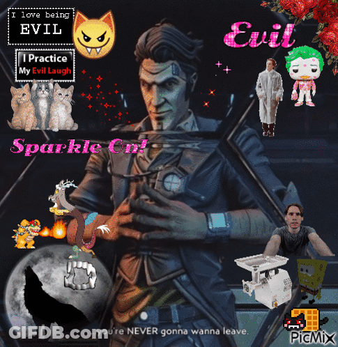 A Picture Of A Man With The Words I Love Being Evil Written On It GIF