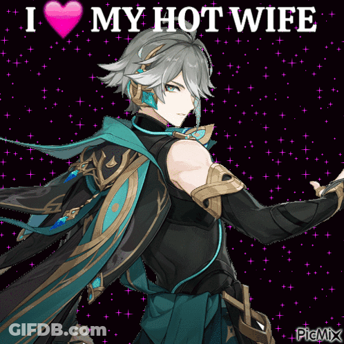 A Picture Of A Man With The Words " I Love My Hot Wife " On It GIF