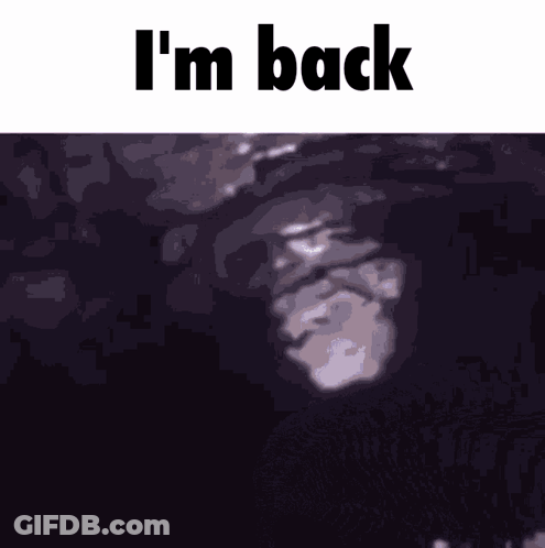 A Picture Of A Man With The Words " I 'M Back " Above Him GIF
