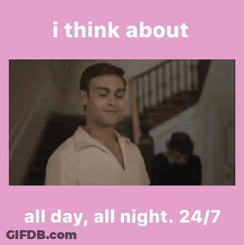 A Picture Of A Man With The Words " I Think About All Day All Night 24/7 " Below It GIF