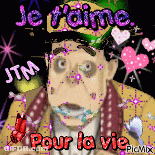A Picture Of A Man With The Words Je T'aime Pour La Vie Written On It GIF