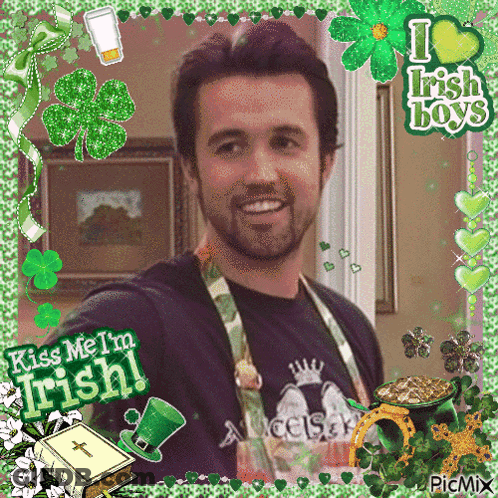 A Picture Of A Man With The Words " Kiss Me I 'M Irish " GIF