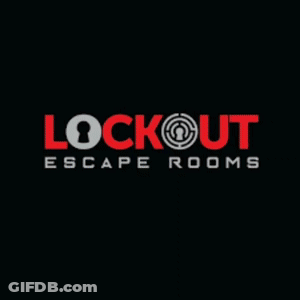 A Picture Of A Man With The Words Lockout Escape Rooms In Red GIF