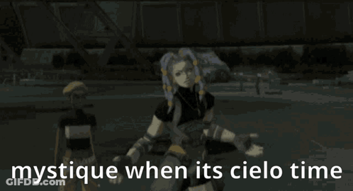 A Picture Of A Man With The Words Mystique When Its Cielo Time On It GIF