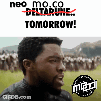 A Picture Of A Man With The Words Neo Mo Co Deltarune Tomorrow Written Above Him GIF
