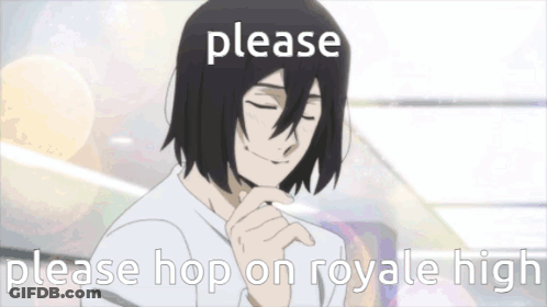 A Picture Of A Man With The Words Please Hop On Royale High Written On It GIF