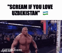 A Picture Of A Man With The Words " Scream If You Love Uzbekistan " On The Bottom GIF