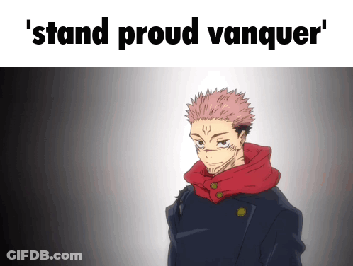 A Picture Of A Man With The Words ' Stand Proud Vanquer ' On The Top GIF