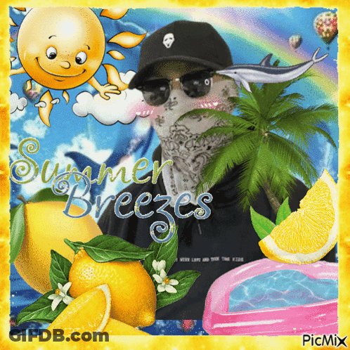 A Picture Of A Man With The Words Summer Breezes Written On The Bottom GIF