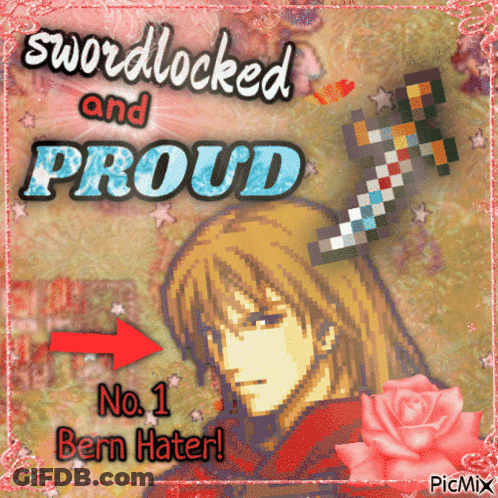 A Picture Of A Man With The Words Swordlocked And Proud On It GIF