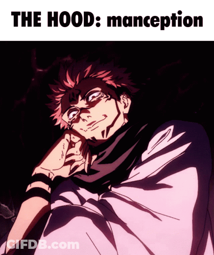 A Picture Of A Man With The Words " The Hood : Manception " At The Top GIF