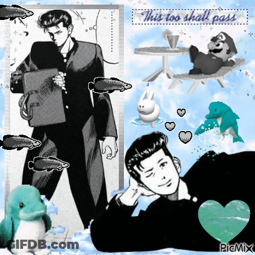A Picture Of A Man With The Words " This Too Shall Pass " At The Top GIF