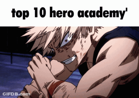 A Picture Of A Man With The Words Top 10 Hero Academy Written Above Him GIF