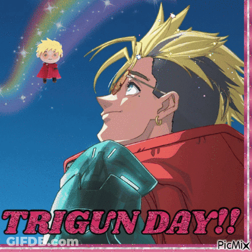 A Picture Of A Man With The Words Trigun Day Written In Pink GIF