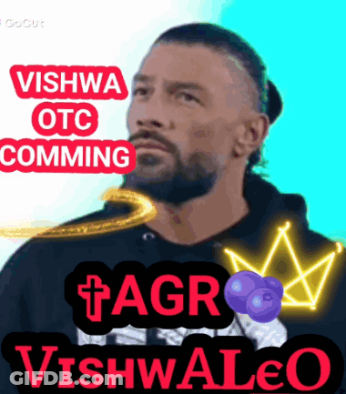 A Picture Of A Man With The Words ' Vishwa Otc Comming ' Written On It GIF