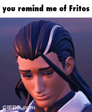 A Picture Of A Man With The Words " You Remind Me Of Fritos " On The Bottom GIF