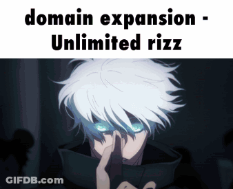 A Picture Of A Man With White Hair And Blue Eyes With The Words Domain Expansion Unlimited Rizz GIF