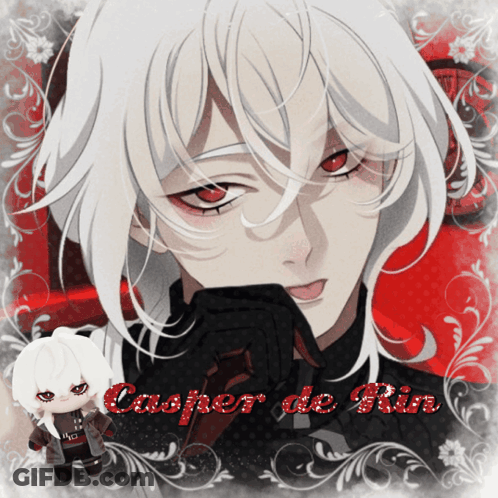 A Picture Of A Man With White Hair And Red Eyes Says Casper De Rin GIF