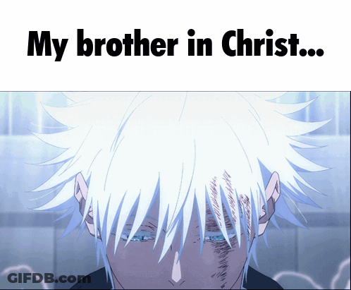 A Picture Of A Man With White Hair And The Words " My Brother In Christ " Above Him GIF