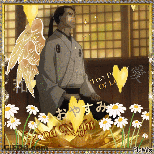 A Picture Of A Man With Wings And The Words " Good Night " GIF