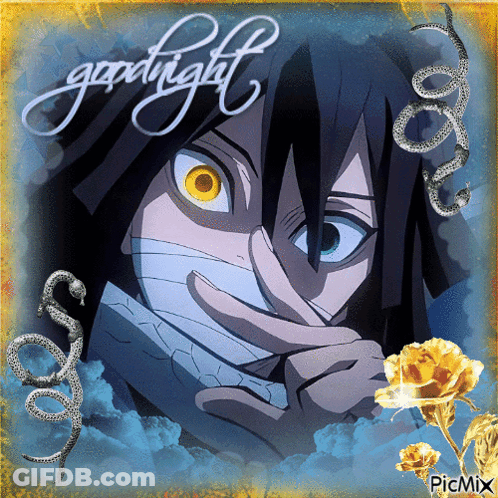 A Picture Of A Man With Yellow Eyes And The Words Goodnight Written Above Him GIF