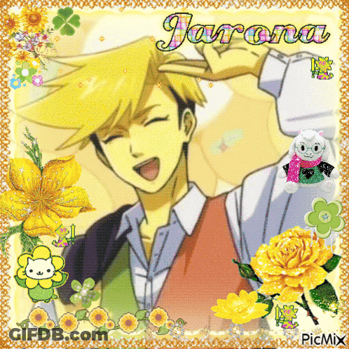 A Picture Of A Man With Yellow Hair And The Name Jarona GIF